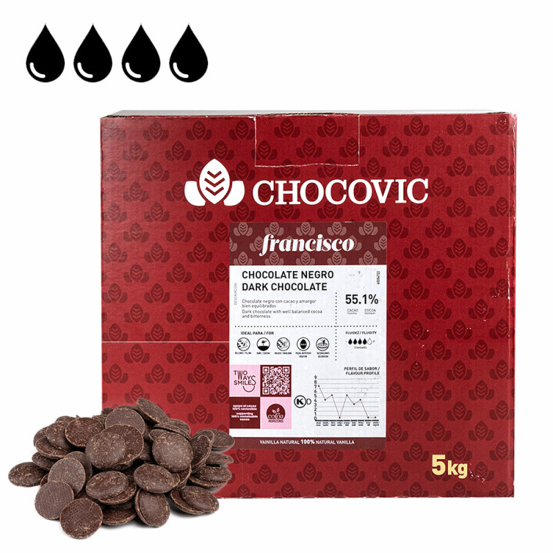 Шоколадная масса темная легкоплавкие диски Chocovic Francisco CHD-Q56CHCV-94B 5кг/шт. Шоколадная масса темная легкоплавкие диски Chocovic Francisco CHD-Q56CHCV-94B 5кг/шт.